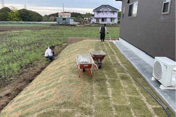 
              天然芝の施工を行いました。一枚ずつ丁寧に仕上げています。